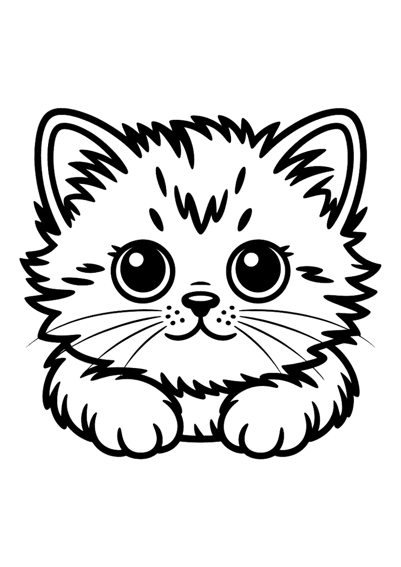 Kleurplaat van een pluizig ragdoll kitten gezicht met grote ronde ogen en een dichte bos vacht rondom zijn kop
