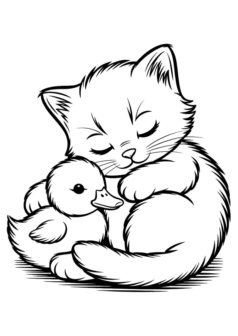 Zwart-wit kleurplaat van een pluizig kitten dat opgekruld een klein eendje knuffelt terwijl beide hun ogen sluiten.
