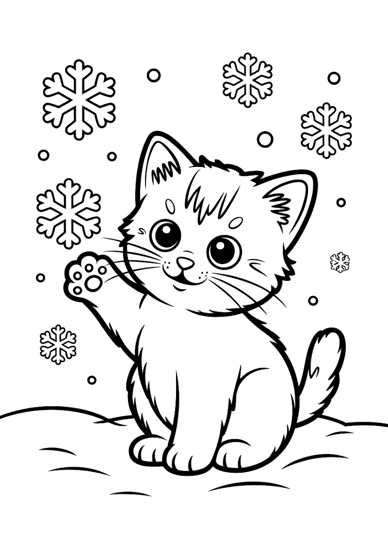 Kleurplaat van een kitten dat in de sneeuw zit, zijn voorpoot opsteekt en omringd is door grote sneeuwvlokken die vallen