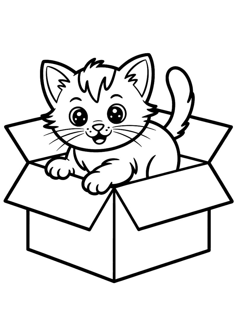 Kleurplaat van een lachend kitten dat met voorpootjes over de rand van een kartonnen doos hangt.