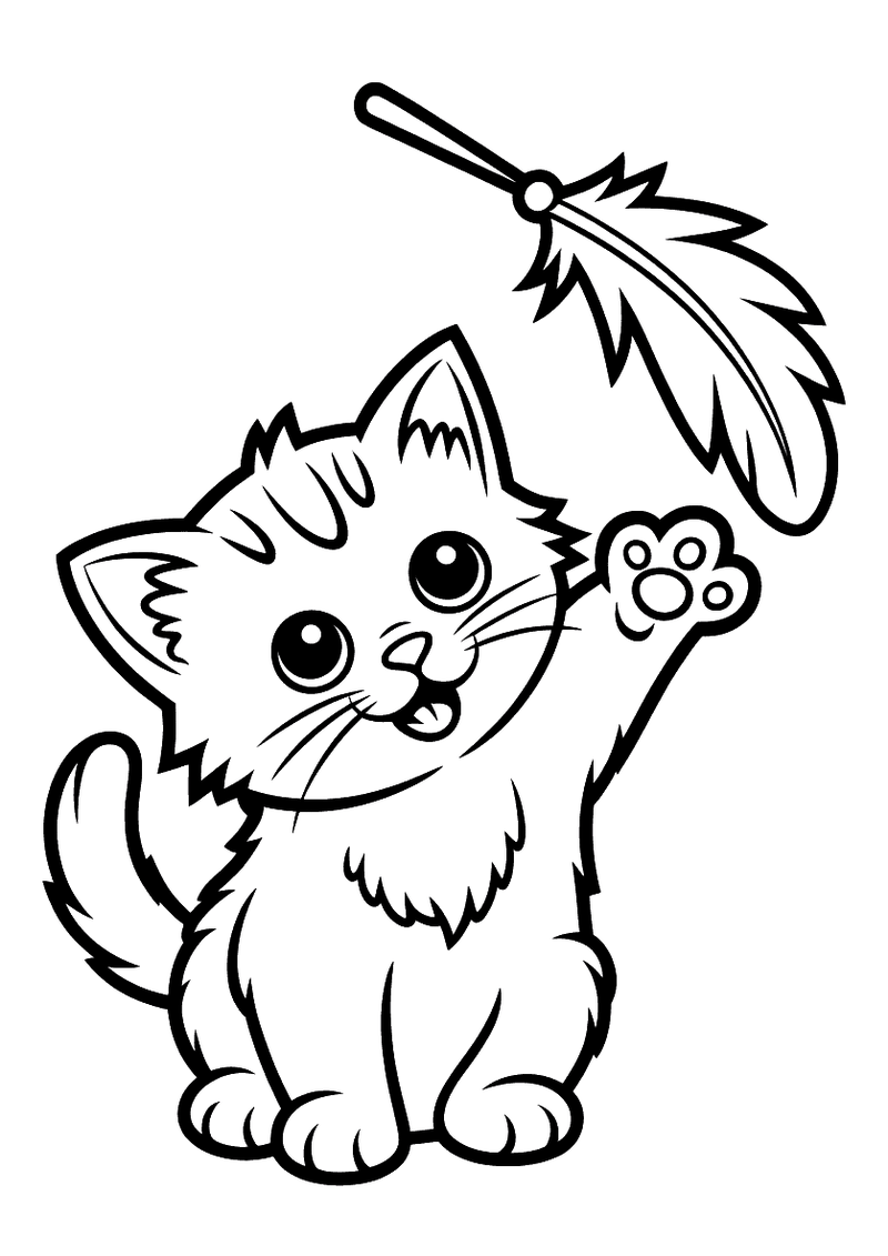 Kleurplaat van een pluizig kitten dat met zijn voorpoot omhoog reikt naar een veer aan een stok die boven zijn hoofd zwa