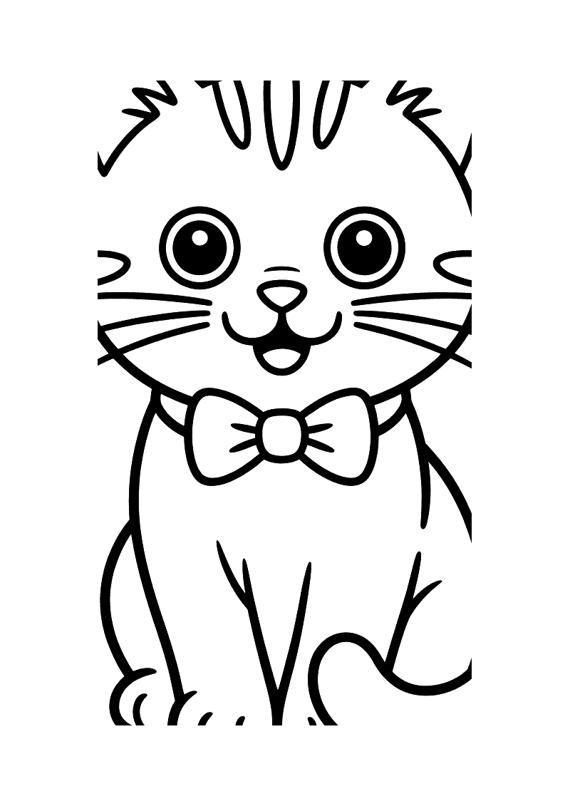 Zwart-wit kleurplaat van een lachend kitten met grote ogen en een grote vlinderstrik om de hals.