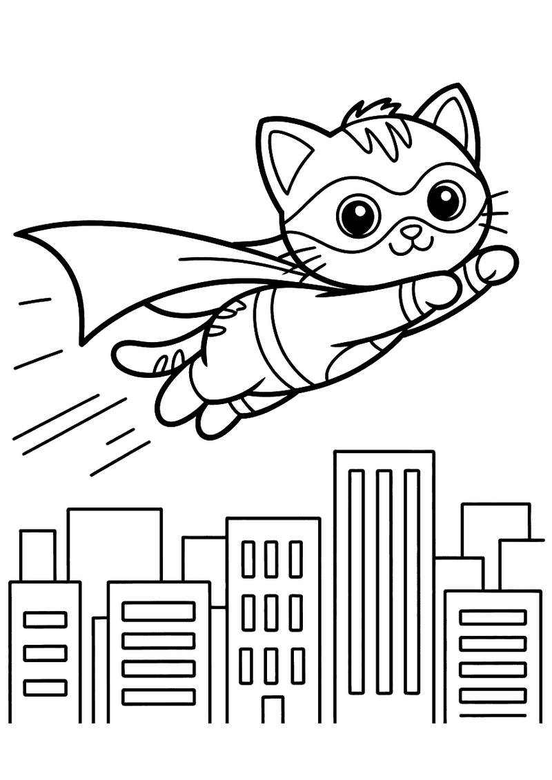 Kleurplaat van een kitten met masker en cape dat in superheldpose horizontaal over een stadssilhouet van wolkenkrabbers 