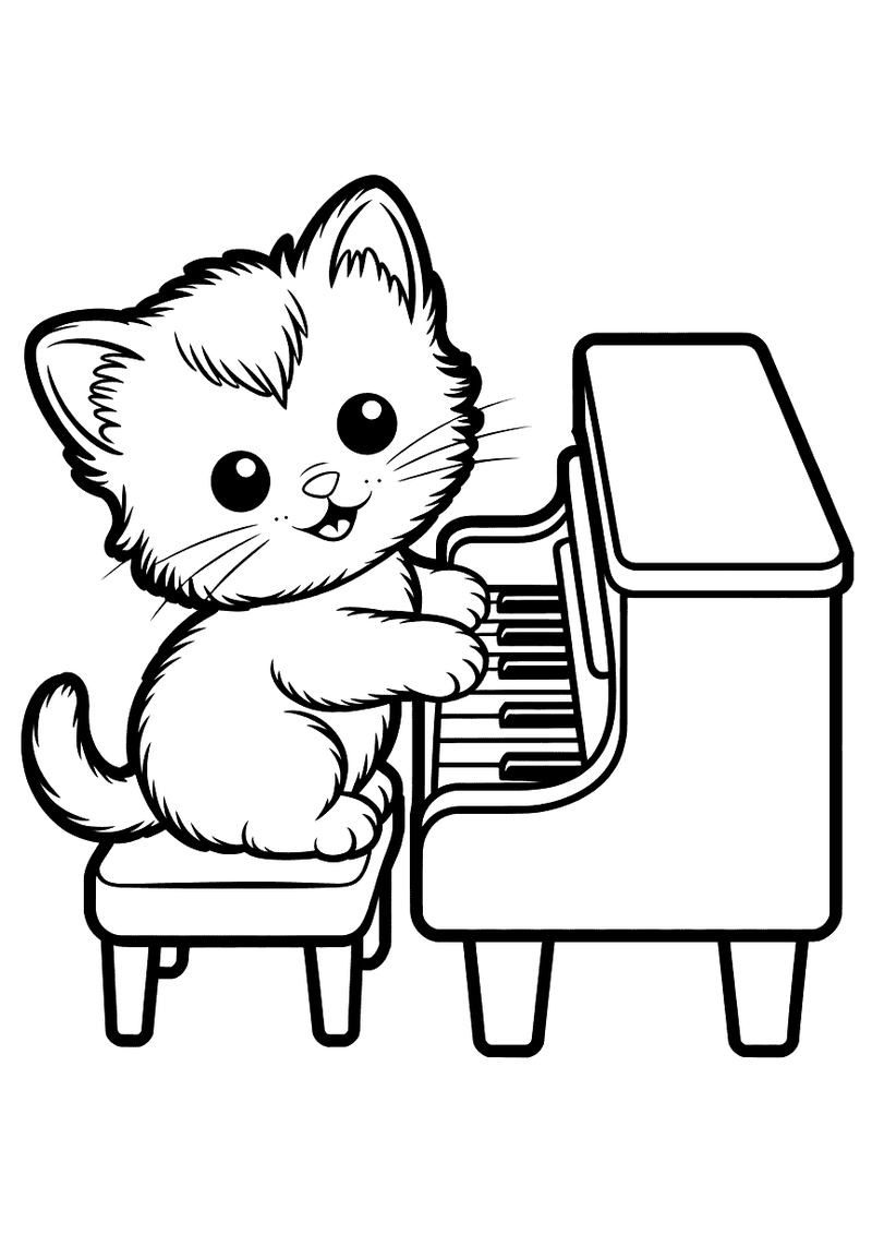 Kleurplaat van een schattig kitten dat met zijn pootje op de toetsen van een piano tikt
