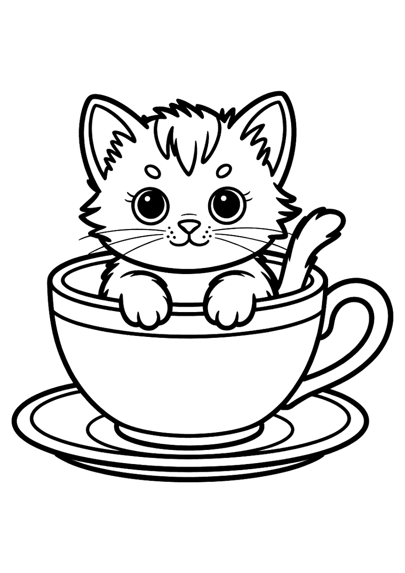 Kleurplaat van een klein kitten dat gezellig in een groot theekopje zit