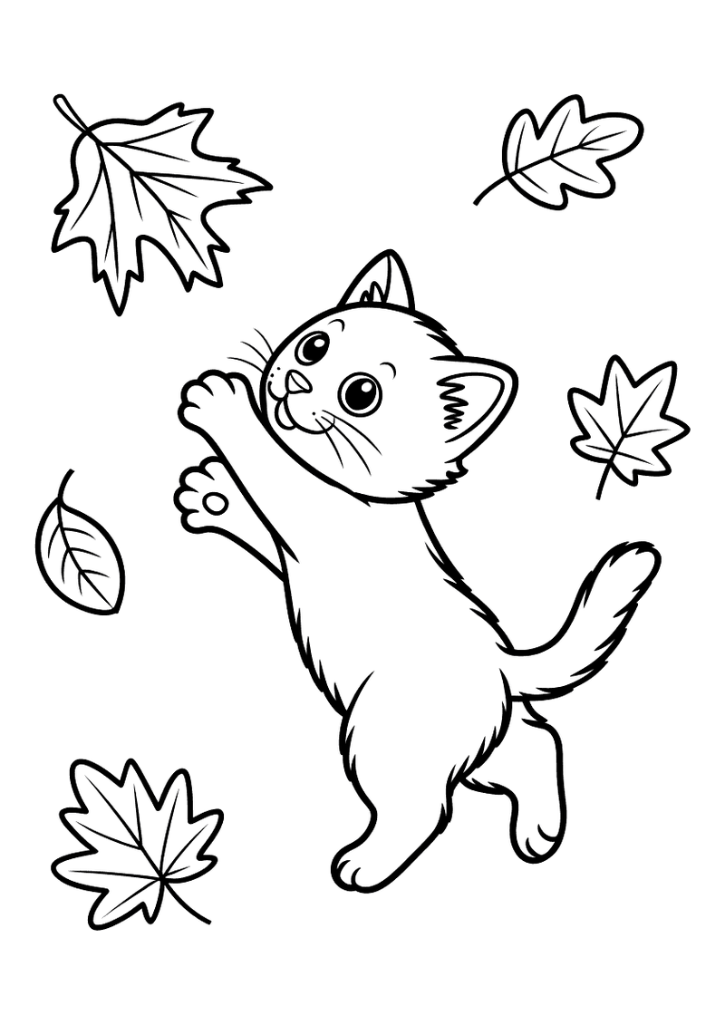Kleurplaat van een kitten dat springend vallende herfstbladeren in de lucht probeert te vangen