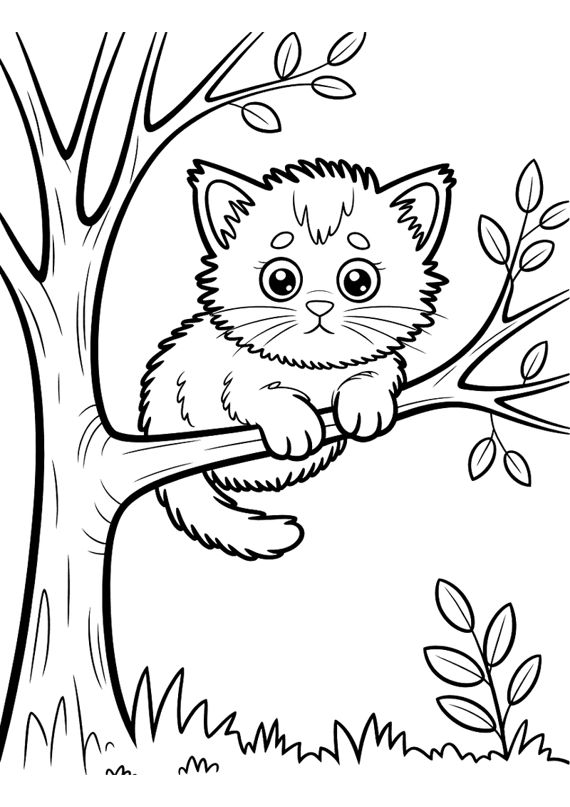 Kleurplaat van een kitten dat hoog in een boom vastzit en hulpeloos naar beneden kijkt
