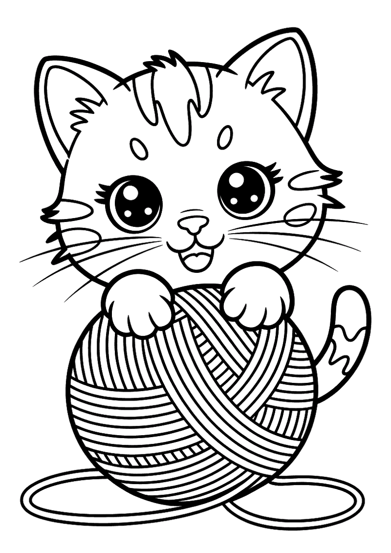 Kawaii kleurplaat van een jong katje met grote ogen dat met zijn voorpoten op een groot bolletje wol leunt en er speels 