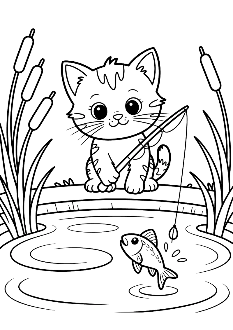Kleurplaat van een kitten dat met zijn poot in een vijver vist terwijl kleine vissen rondjes zwemmen