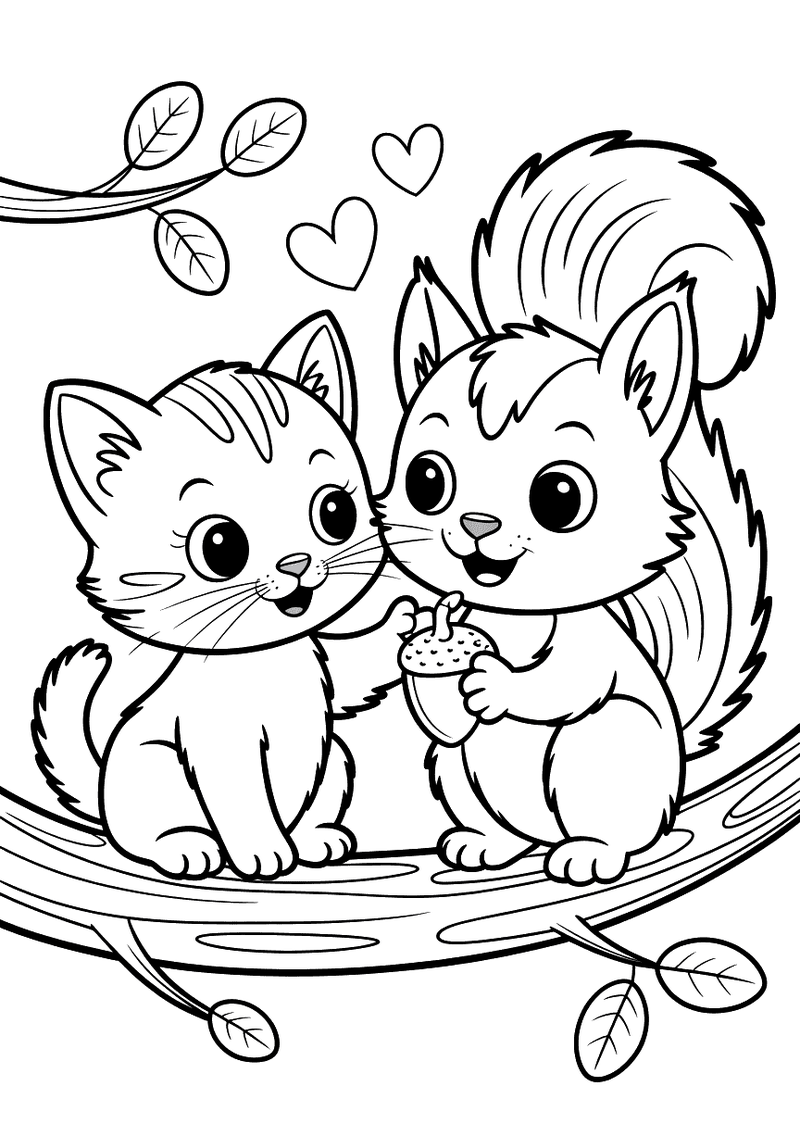 Kleurplaat van een kitten en eekhoorn met pluimstaart die samen op een tak een eikel vasthouden.
