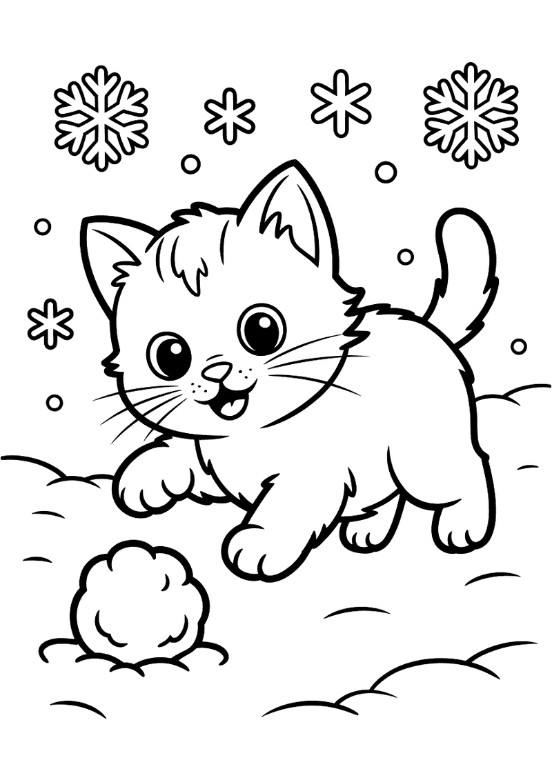 Kleurplaat van een kitten dat vrolijk in de sneeuw speelt met sneeuwvlokken om zich heen