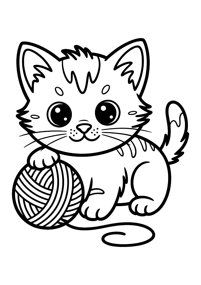 Kleurplaat van een kitten dat spelend met een bol wol rolt en de draad om zich heen windt
