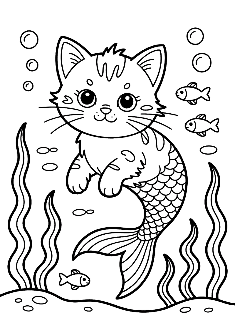 Kleurplaat van een kitten als zeemeermin met vissenstaart dat onderwater zwemt tussen zeeplanten en vissen