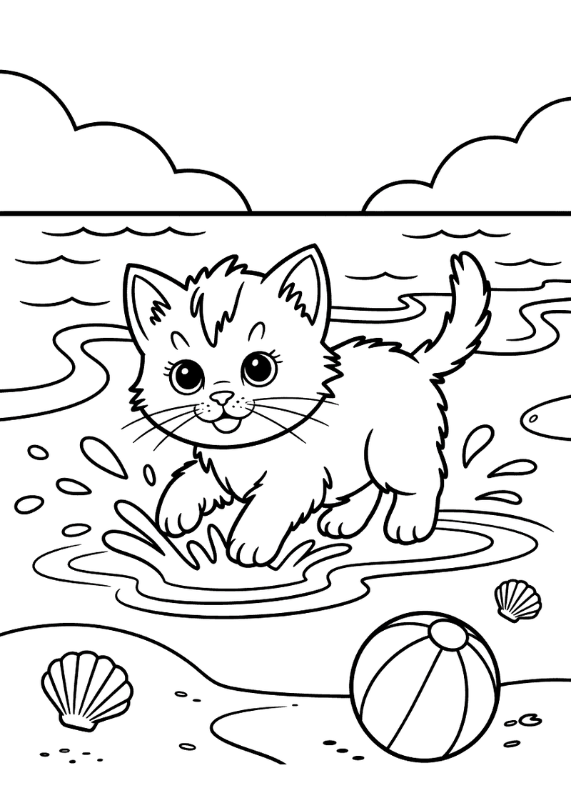 Kleurplaat van een kitten dat op een zomerstrand speelt met een strandbal naast een parasol