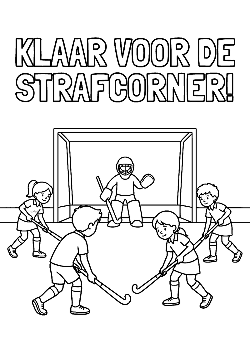 Kleurplaat van vier hockeyspelers en een keeper in het doel die klaarstaan voor de strafcorner