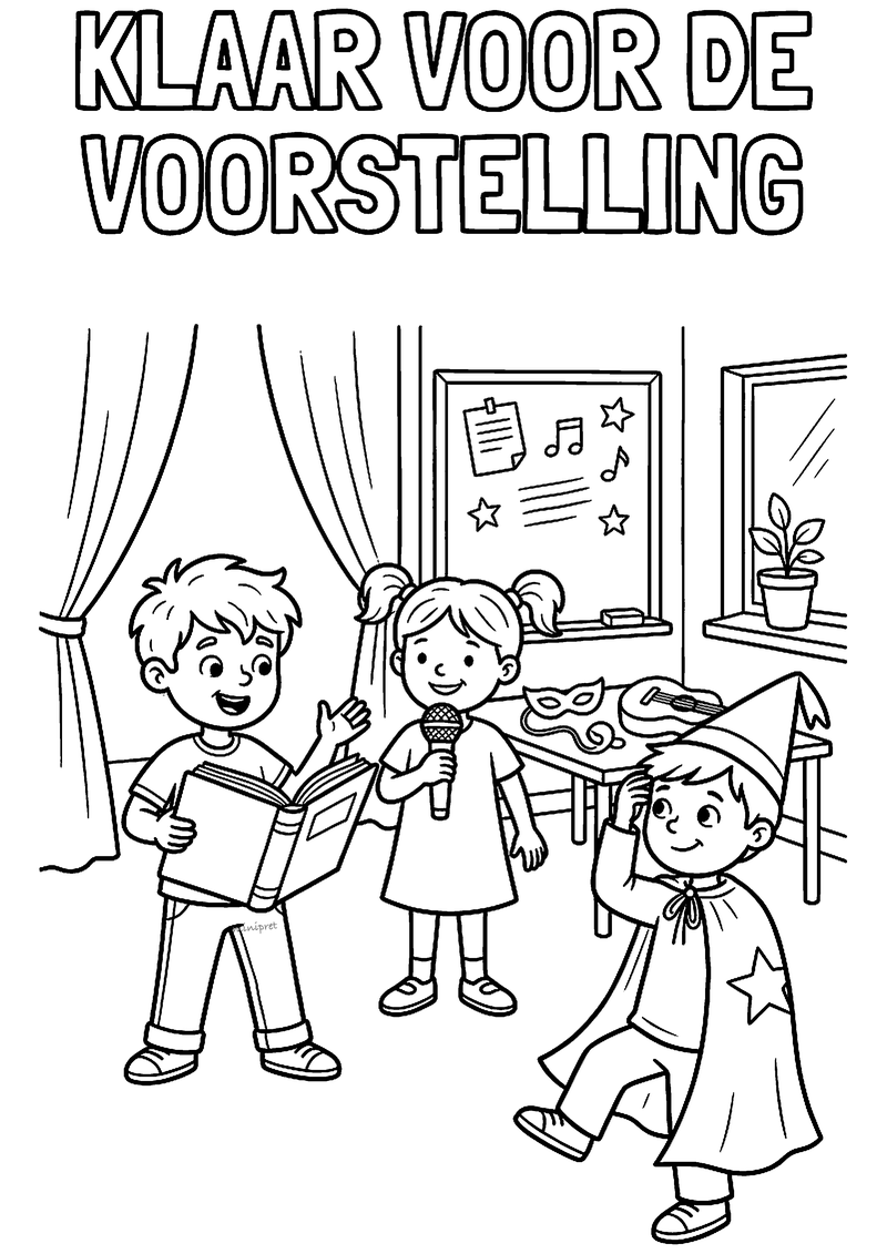 Kleurplaat van drie kinderen die zich klaarmaken: een met boek, een met microfoon en een als tovenaar
