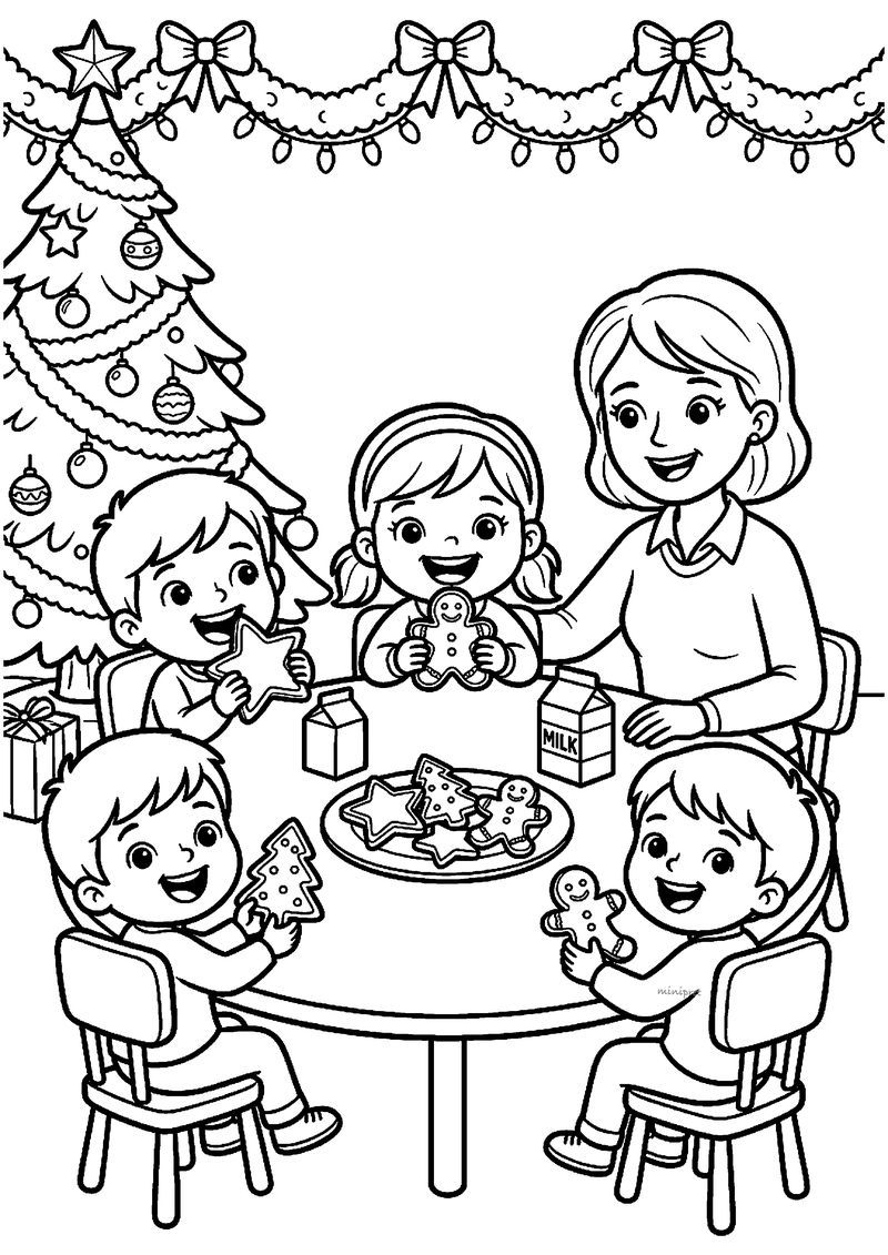 Kleurplaat van vier kinderen en juf aan ronde tafel die kerstkoekjes en pakje melk eten met kerstboom en lichtjes.