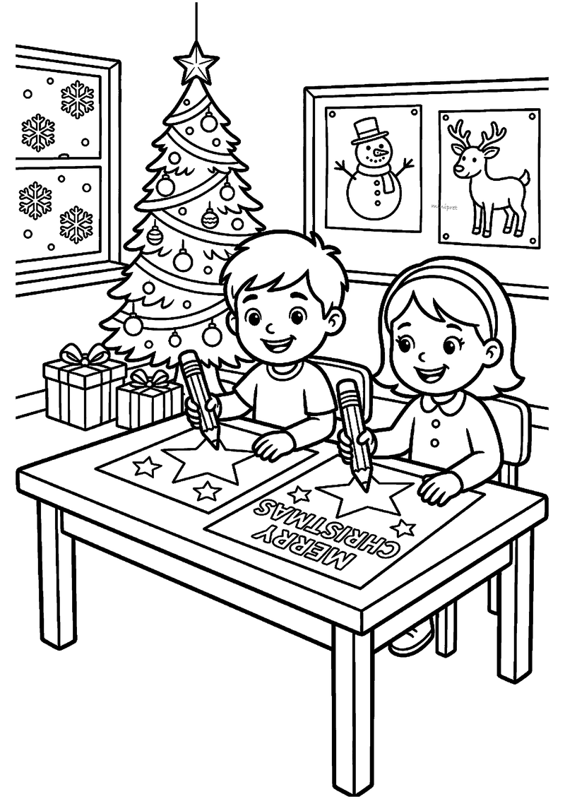 Kleurplaat van een jongen en meisje aan tafel die een kaart schrijven met sterren en MERRY CHRISTMAS, met kerstboom.