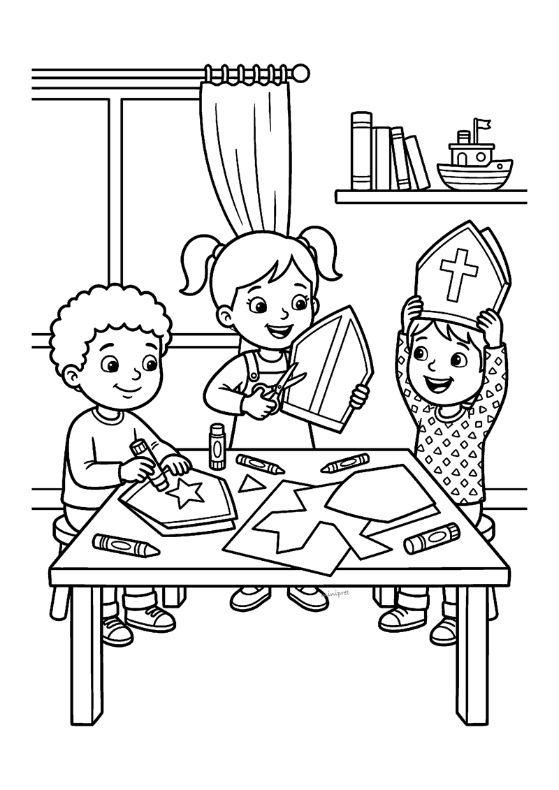 Kleurplaat van drie kinderen die samen aan een tafel een mijter knutselen met sterren, stiften en papier