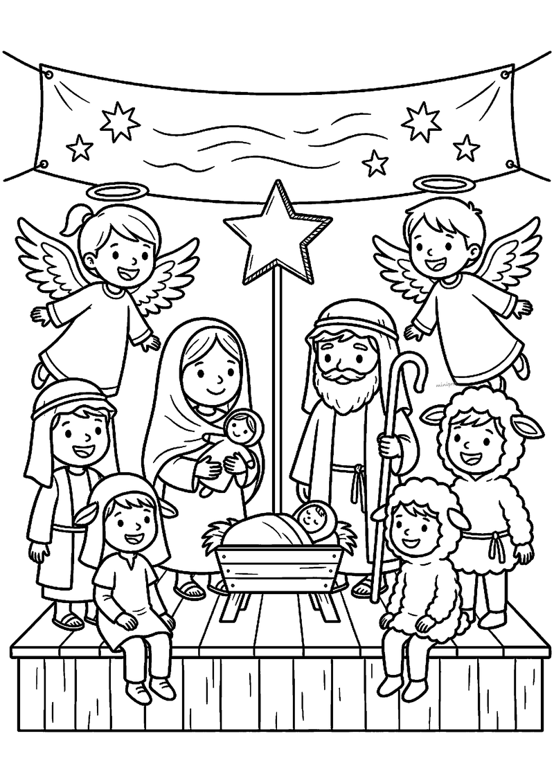 Kleurplaat van klas die kerstmusical opvoert: Maria met baby, Jozef, twee engelen en herders bij kribbe op podium.