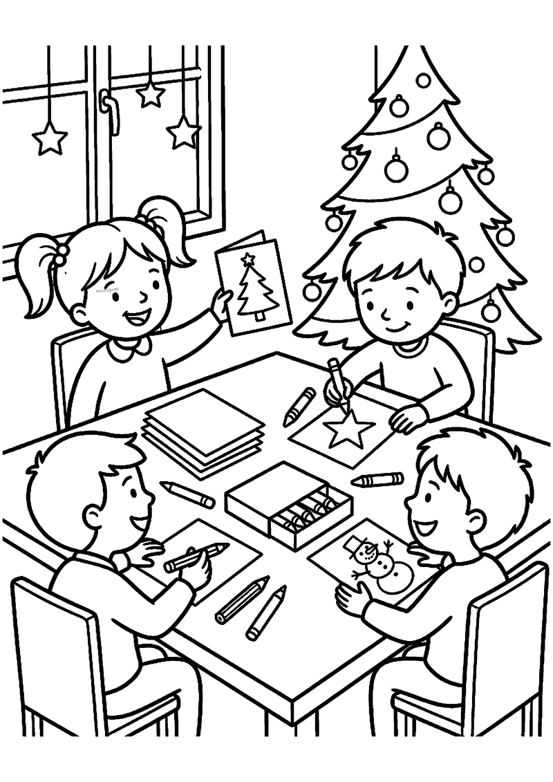Kleurplaat van vier kinderen rond tafel die kerstkaarten tekenen met krijt, papier, ster, kerstboom en sneeuwpop.