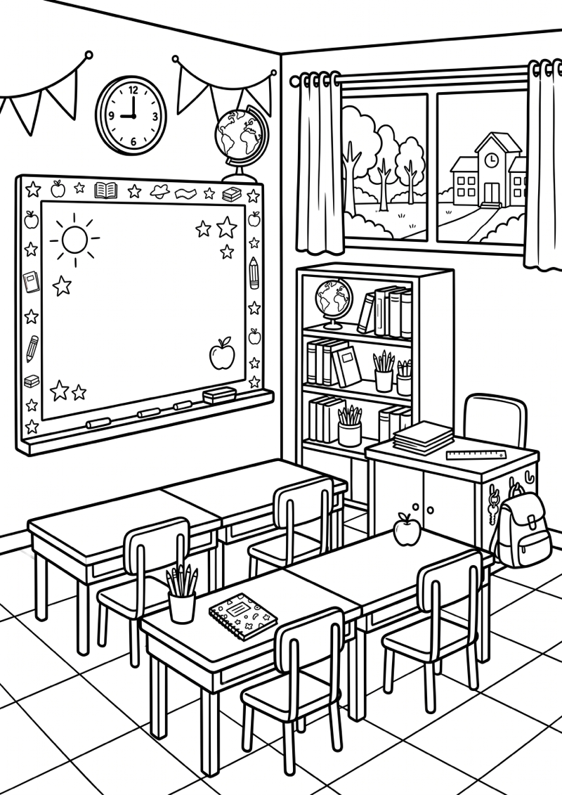 Klaslokaal Klaar voor het Nieuwe Schooljaar Kleurplaat — gratis kleurplaat