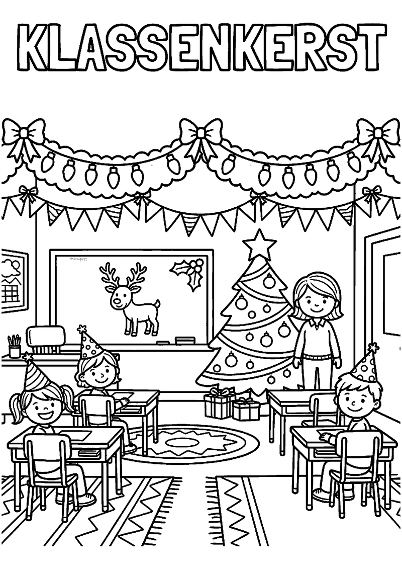 Kleurplaat van klaslokaal met KLASSENKERST titel, drie kinderen met feestmutsen aan tafeltjes, kerstboom en bord met.