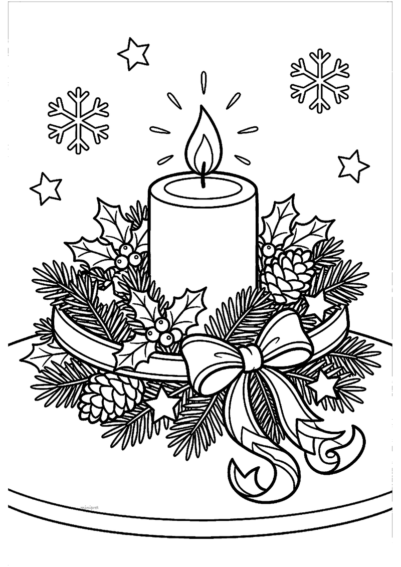 Kleurplaat van een klassiek kerststukje met brandende kaars, hulstblaadjes, bessen, dennenappels en grote strik op een.