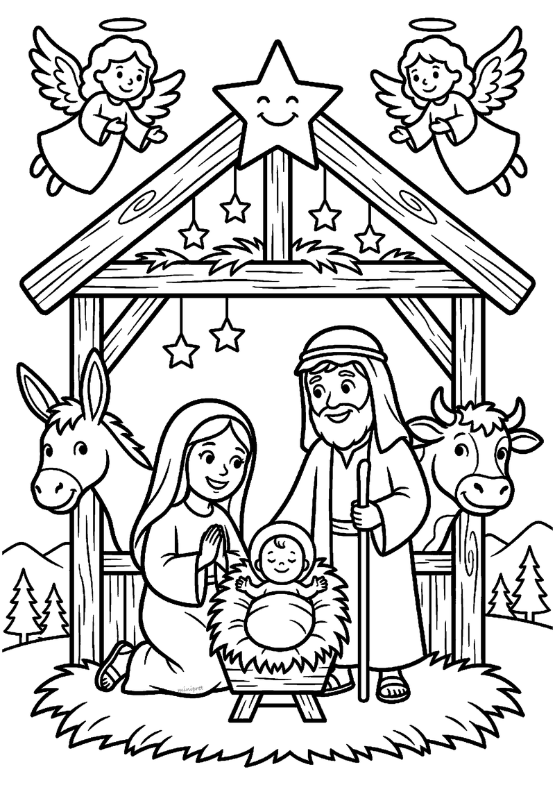 Kleurplaat van houten kerststal met Maria, Jozef, kindje Jezus, ezel en koe, met twee engelen en lachende ster erboven.