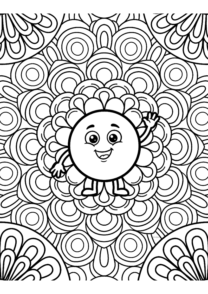 Kleurplaat van een mandala met in het midden een zwaaiend rond figuurtje, omringd door bloembladen en cirkels in cirkels