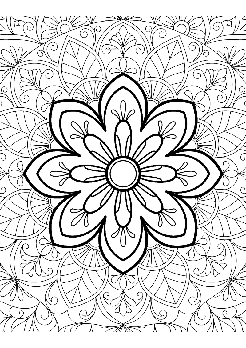 Kleurplaat van een gedetailleerde mandala met een achtpuntige bloem in het midden en fijne krullen en bladmotieven