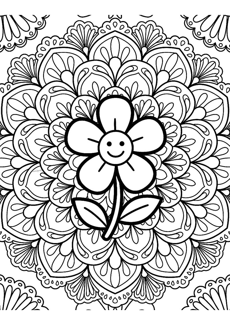 Kleurplaat van een klassieke mandala met kantachtige bloembladen en in het midden een lachende bloem met steel
