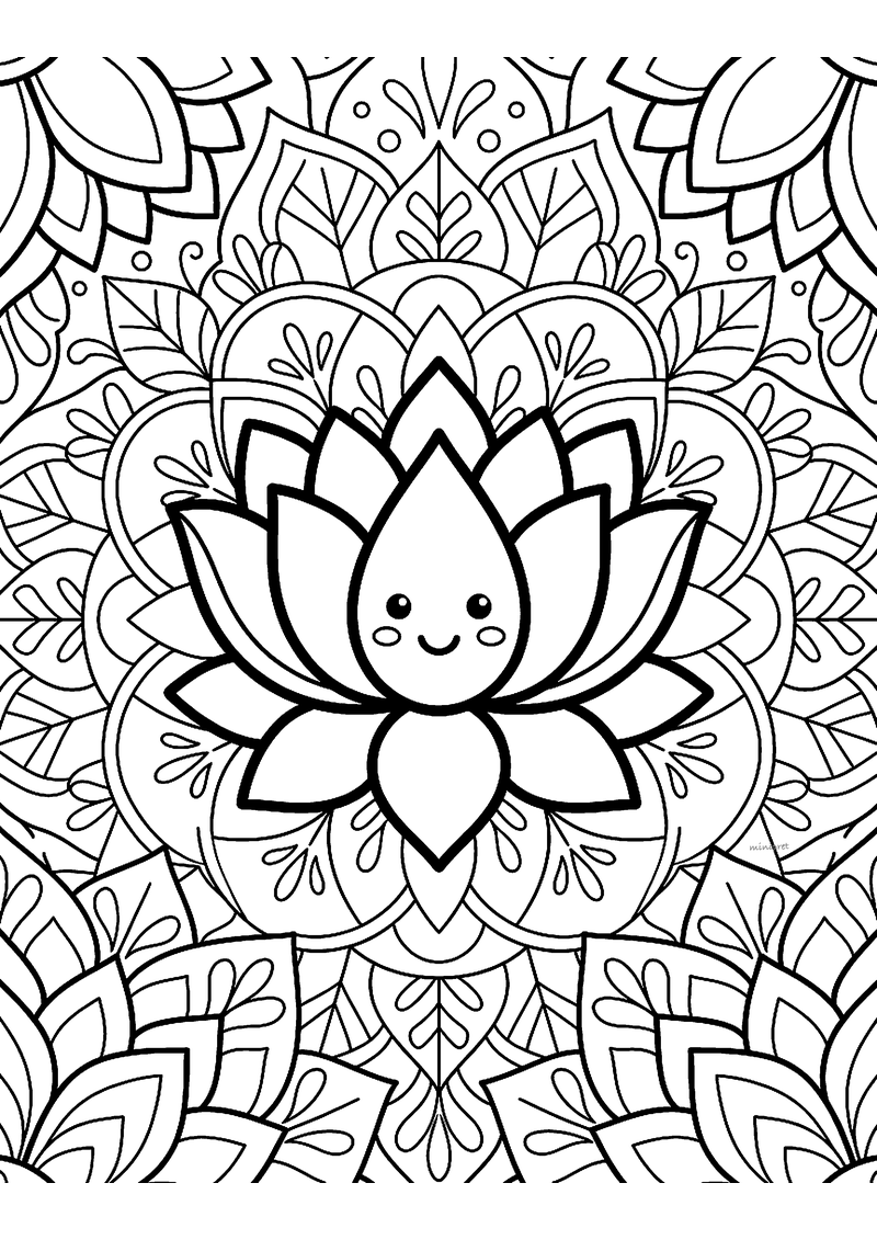 Kleurplaat van een klassieke mandala met in het midden een lachende lotusbloem tussen lagen bloemblaadjes