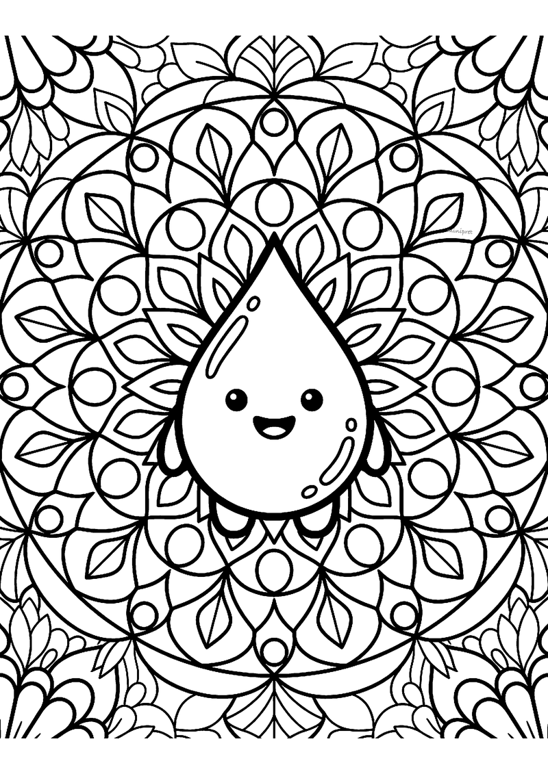 Kleurplaat van een klassieke mandala met een lachende druppel in het midden, omringd door bolletjes en bladvormen