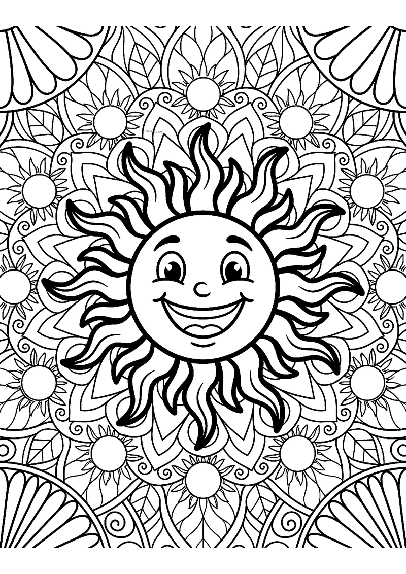 Kleurplaat van een klassieke mandala met een lachende zon met golvende stralen in het midden, bloemen en krullen