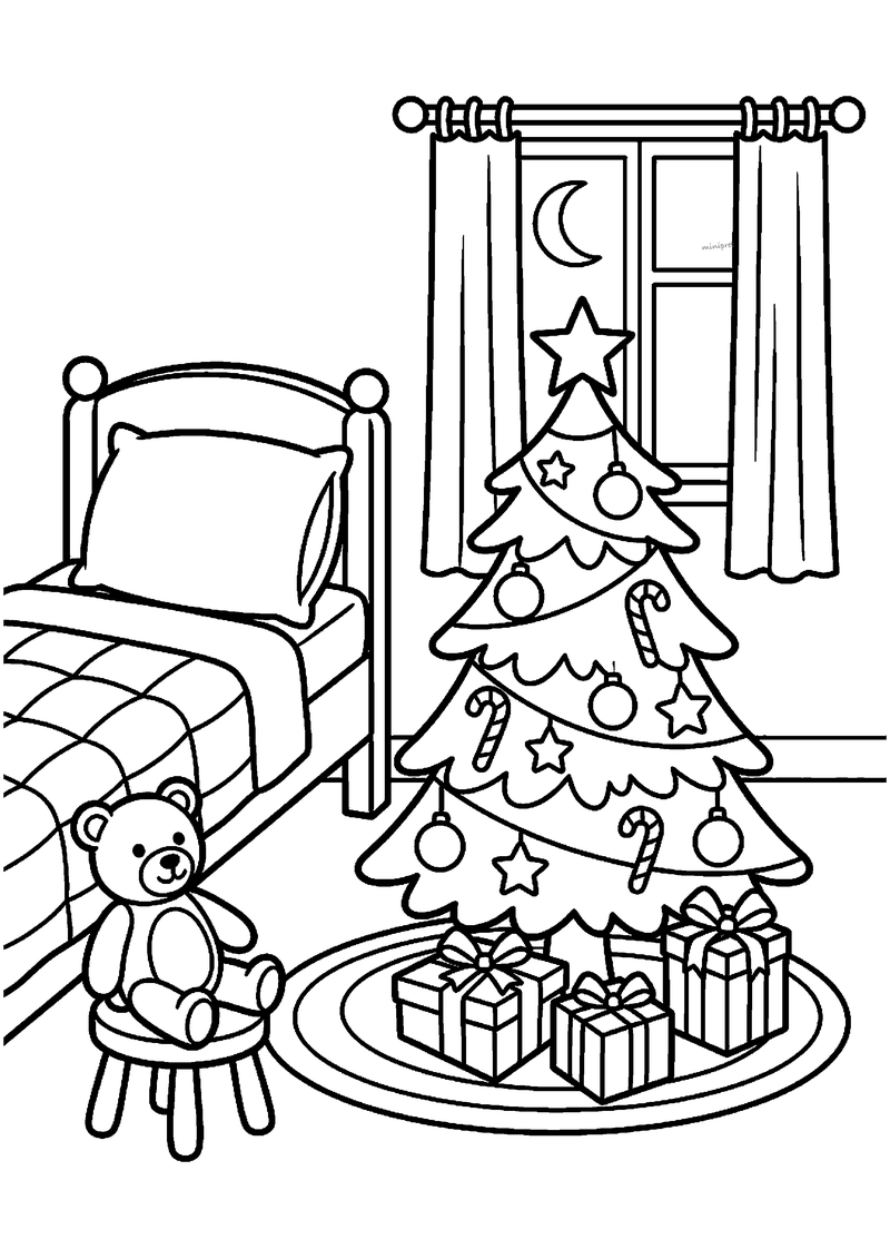 Kleurplaat van een slaapkamer met klein kerstboompje, cadeaus, bed met teddybeer en raam met maan en gordijnen.