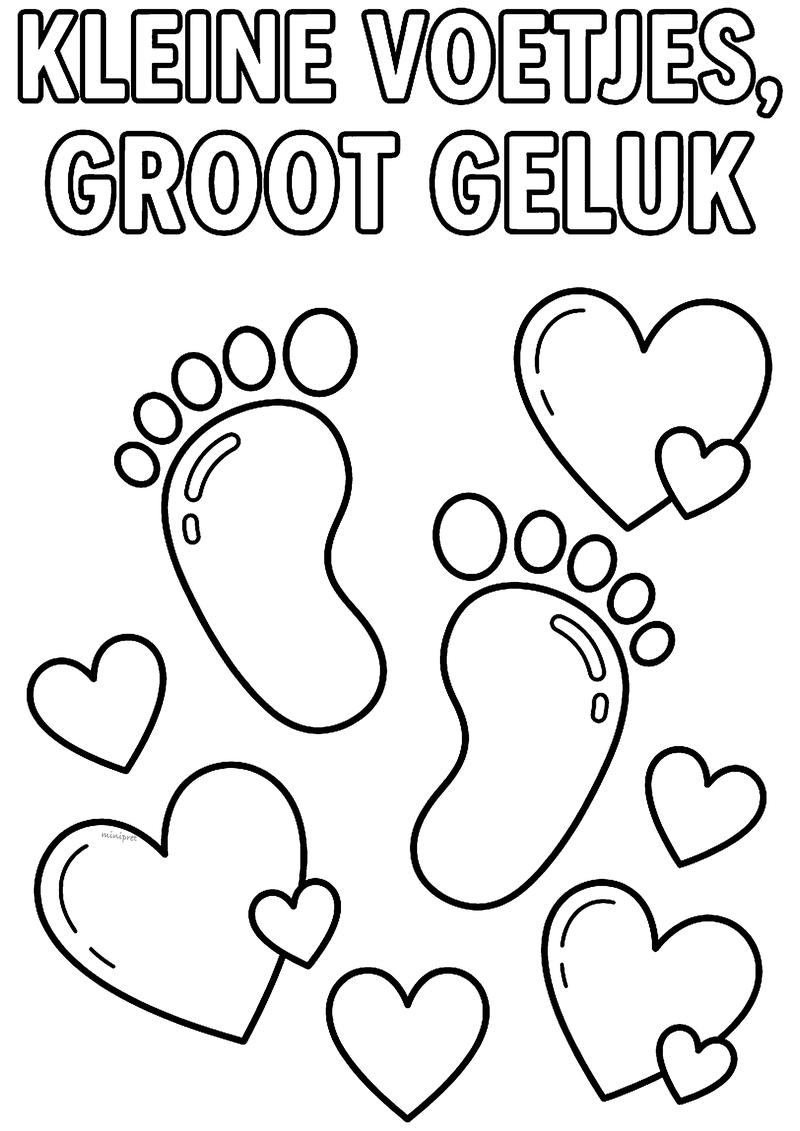 Kleurplaat van twee babyvoetjes omringd door grote en kleine hartjes, met de tekst Kleine voetjes, groot geluk