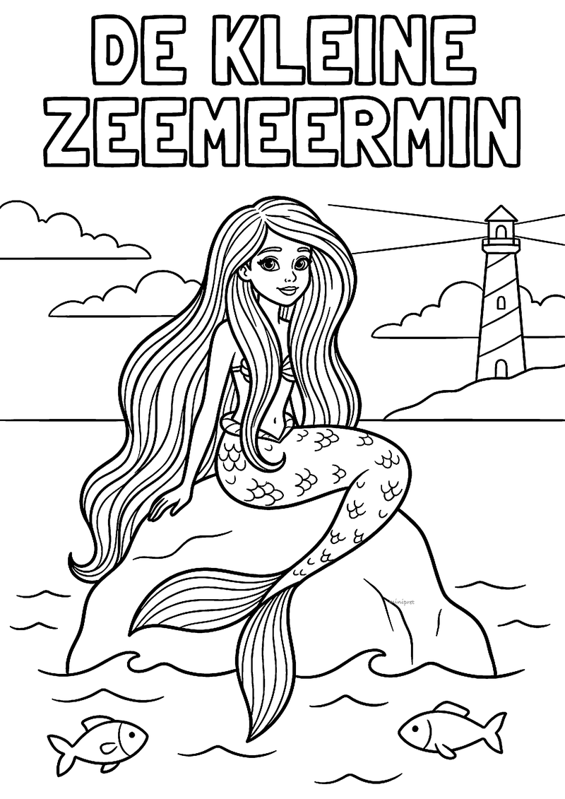 De kleine zeemeermin op de rots kleurplaat