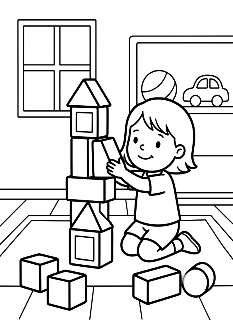 Kleuter Bouwt met Blokken Kleurplaat — gratis kleurplaat printen