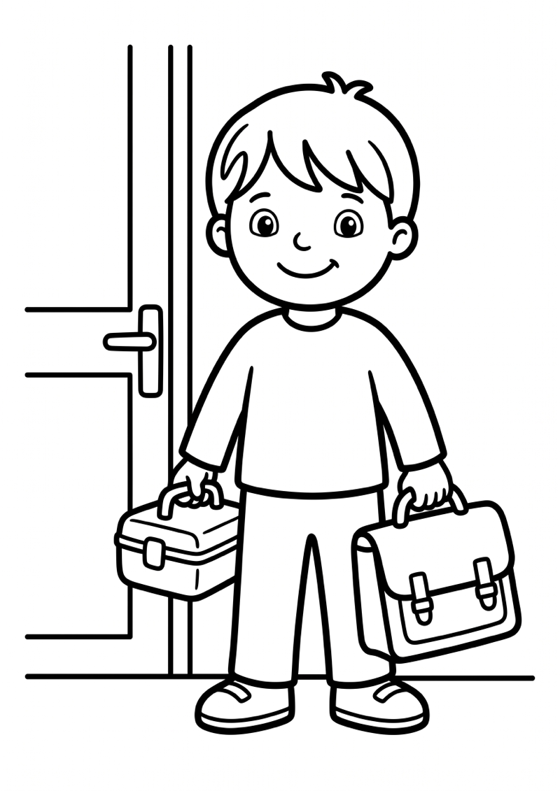 Kleuter met Boekentas en Lunchtrommel Kleurplaat — gratis kleurplaat printen