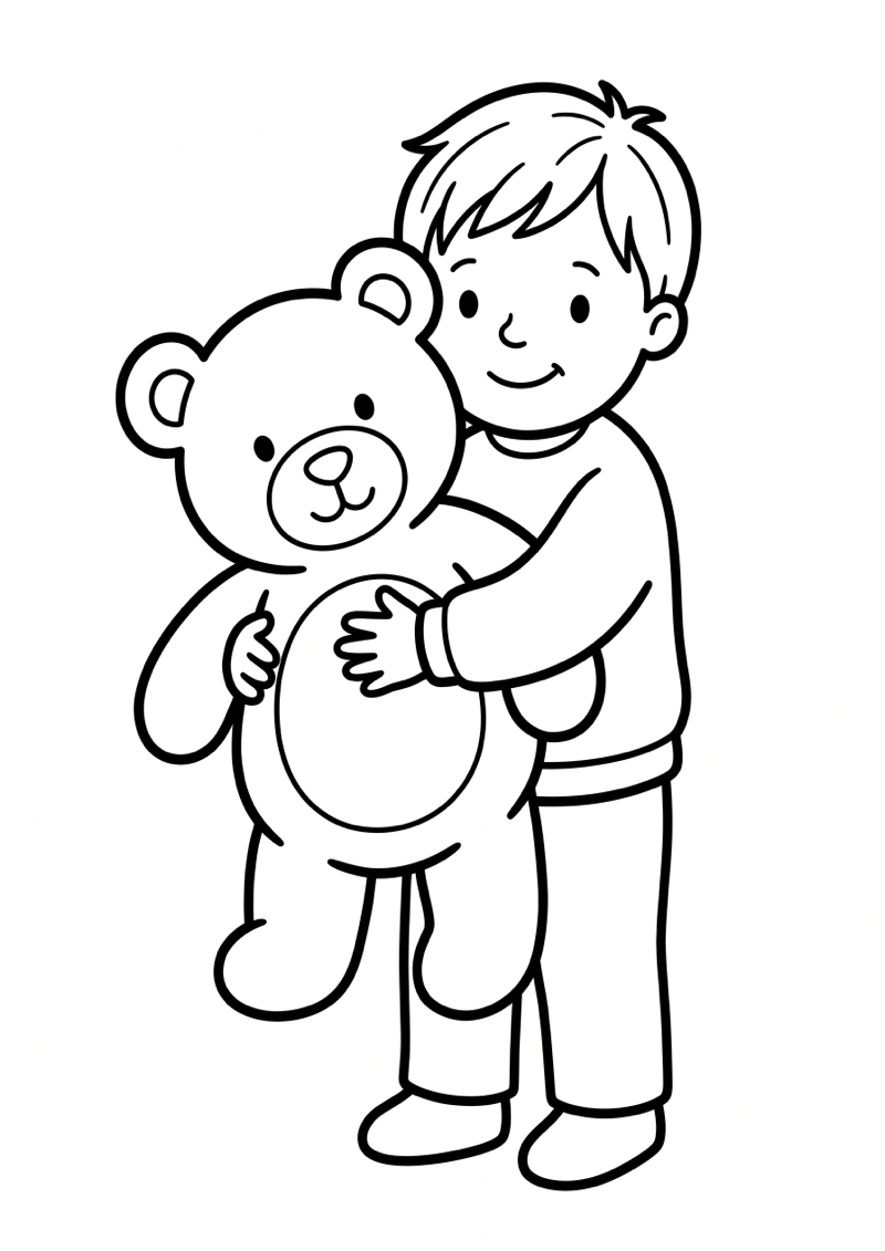 Kleuter met Knuffel Kleurplaat — gratis kleurplaat printen
