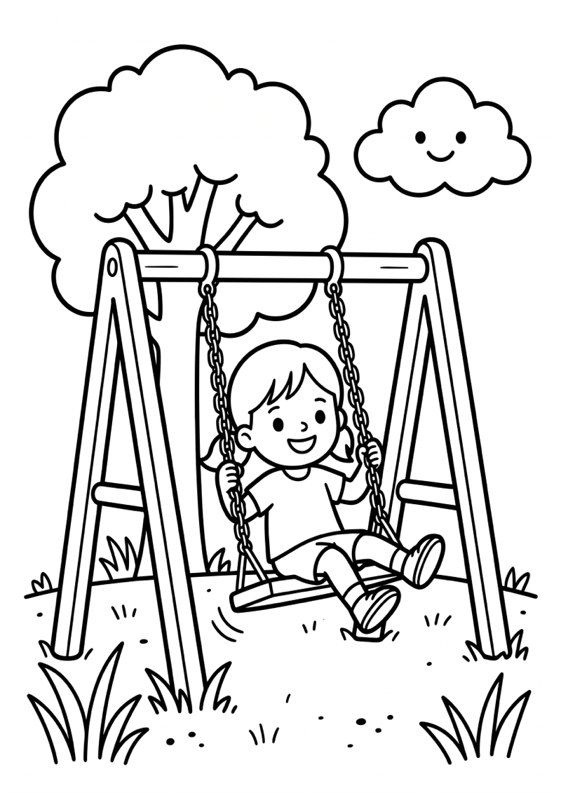 Kleuter op Schommel Kleurplaat — gratis kleurplaat printen