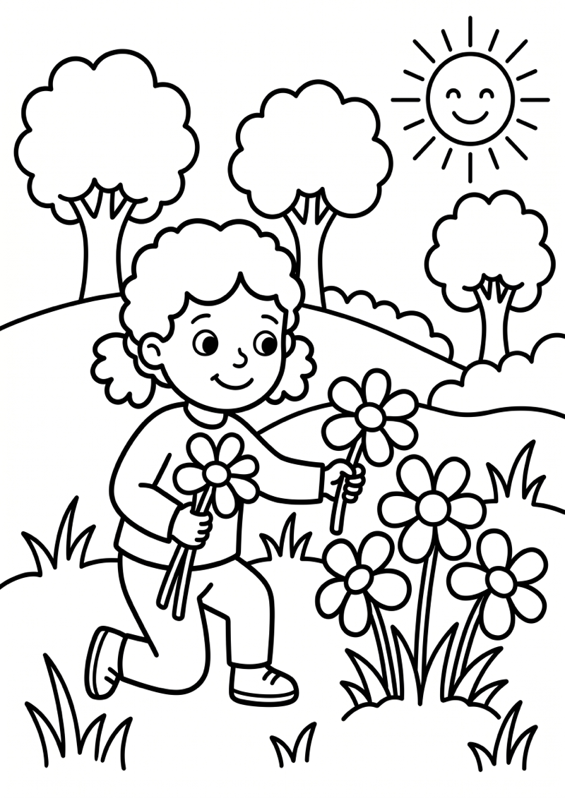 Kleuter Plukt Bloemen Kleurplaat — gratis kleurplaat printen