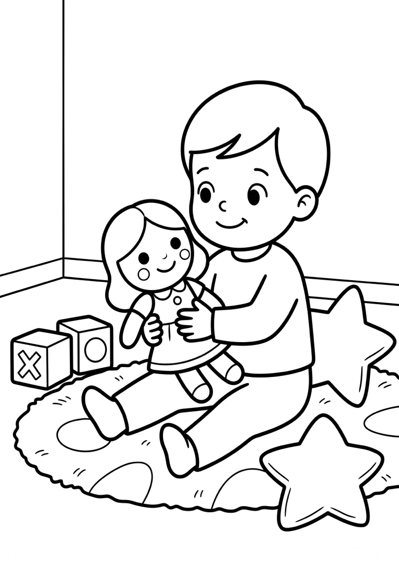 Kleuter Speelt met Pop Kleurplaat — gratis kleurplaat printen