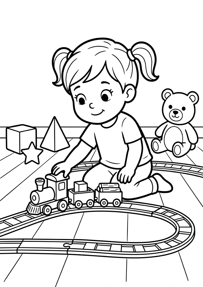 Kleuter Speelt met Trein Kleurplaat — gratis kleurplaat printen