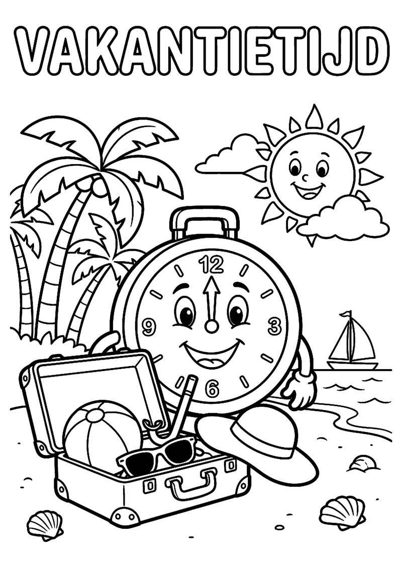 Klok Koffer en Zon met Vakantiegevoel met Tekst Vakantietijd Vakantie Kleurplaat — gratis kleurplaat printen