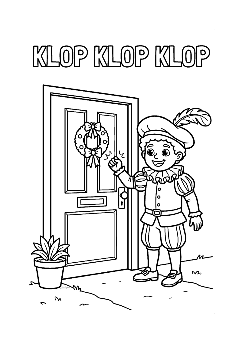 Kleurplaat van een Piet die op een deur klopt met krans erop, met tekst KLOP KLOP KLOP