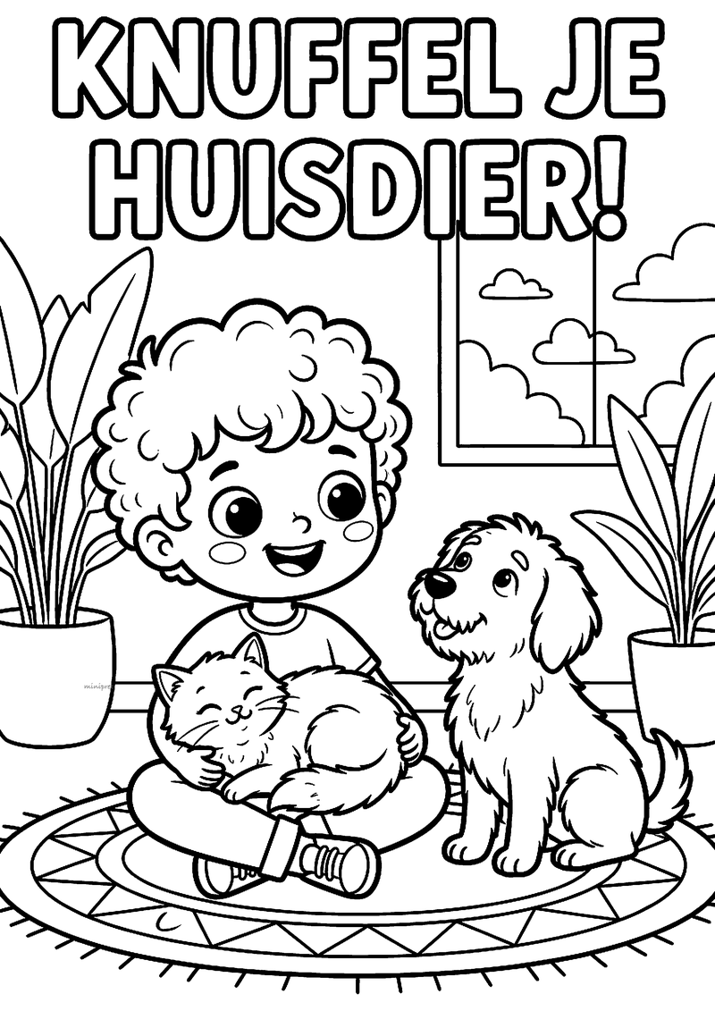 Kleurplaat met de tekst Knuffel je huisdier: een kind zit op een kleed met een kat op schoot en een hond ernaast