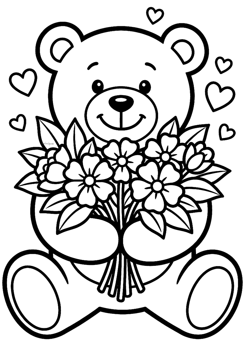 Kleurplaat van een zittende knuffelbeer met een bos bloemen in zijn poten en hartjes eromheen