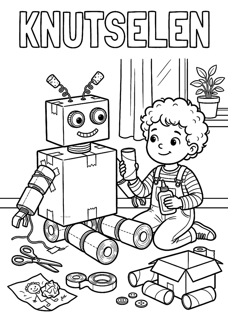 Kleurplaat van een kind met krullen dat een robot knutselt van dozen en wc-rollen, met lijm, schaar, plakband en knopen
